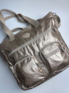 Kipling Gold Metallic Bag Travel Tote Detachable Shoulder Strap